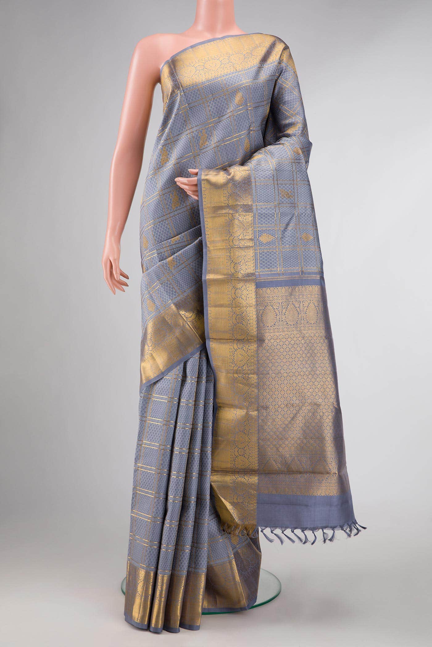 Pure Silk Pure Zari Grey Dual Tone Kanjivaram Saree
