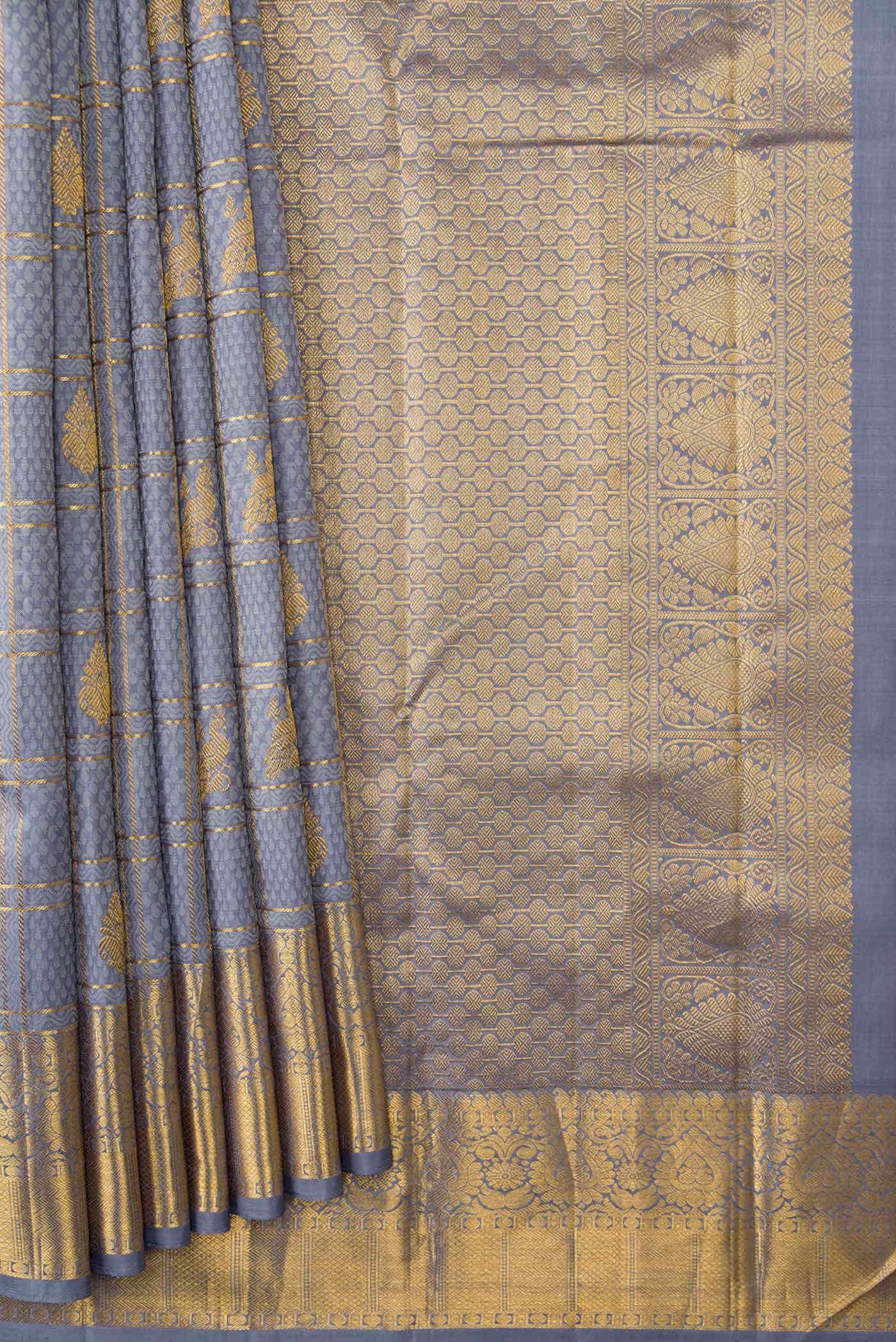 Pure Silk Pure Zari Grey Dual Tone Kanjivaram Saree - Image 2
