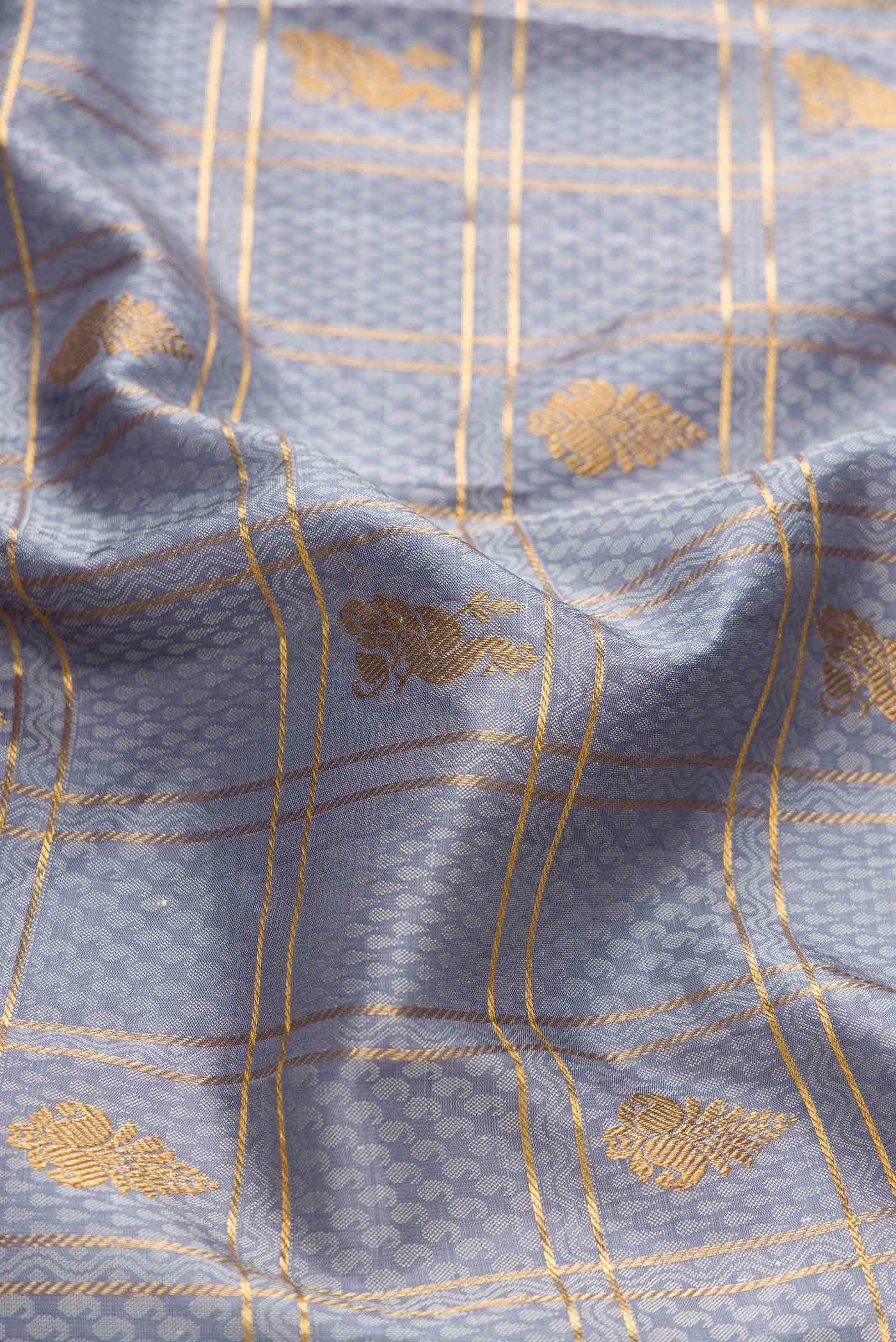 Pure Silk Pure Zari Grey Dual Tone Kanjivaram Saree - Image 3