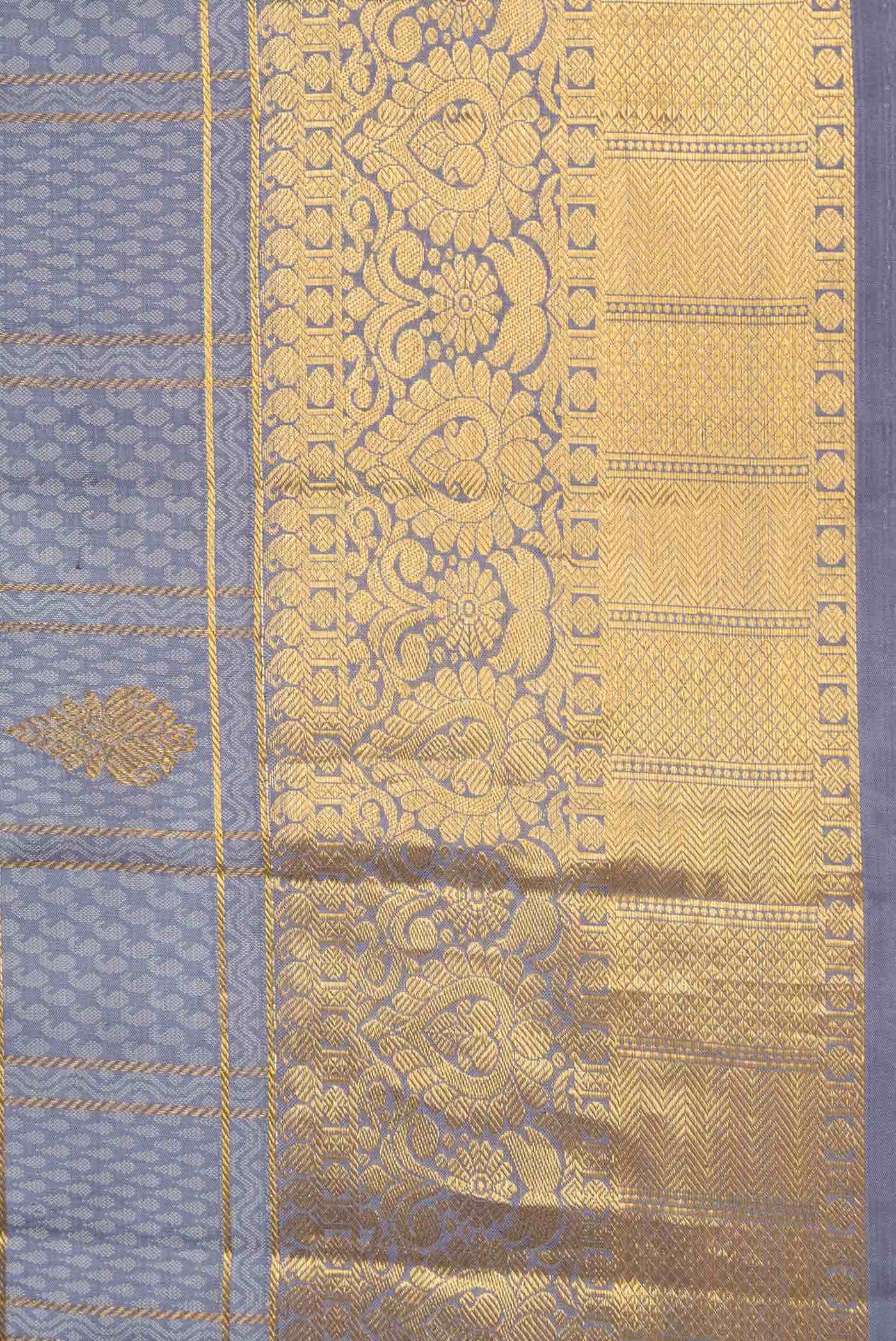 Pure Silk Pure Zari Grey Dual Tone Kanjivaram Saree - Image 6