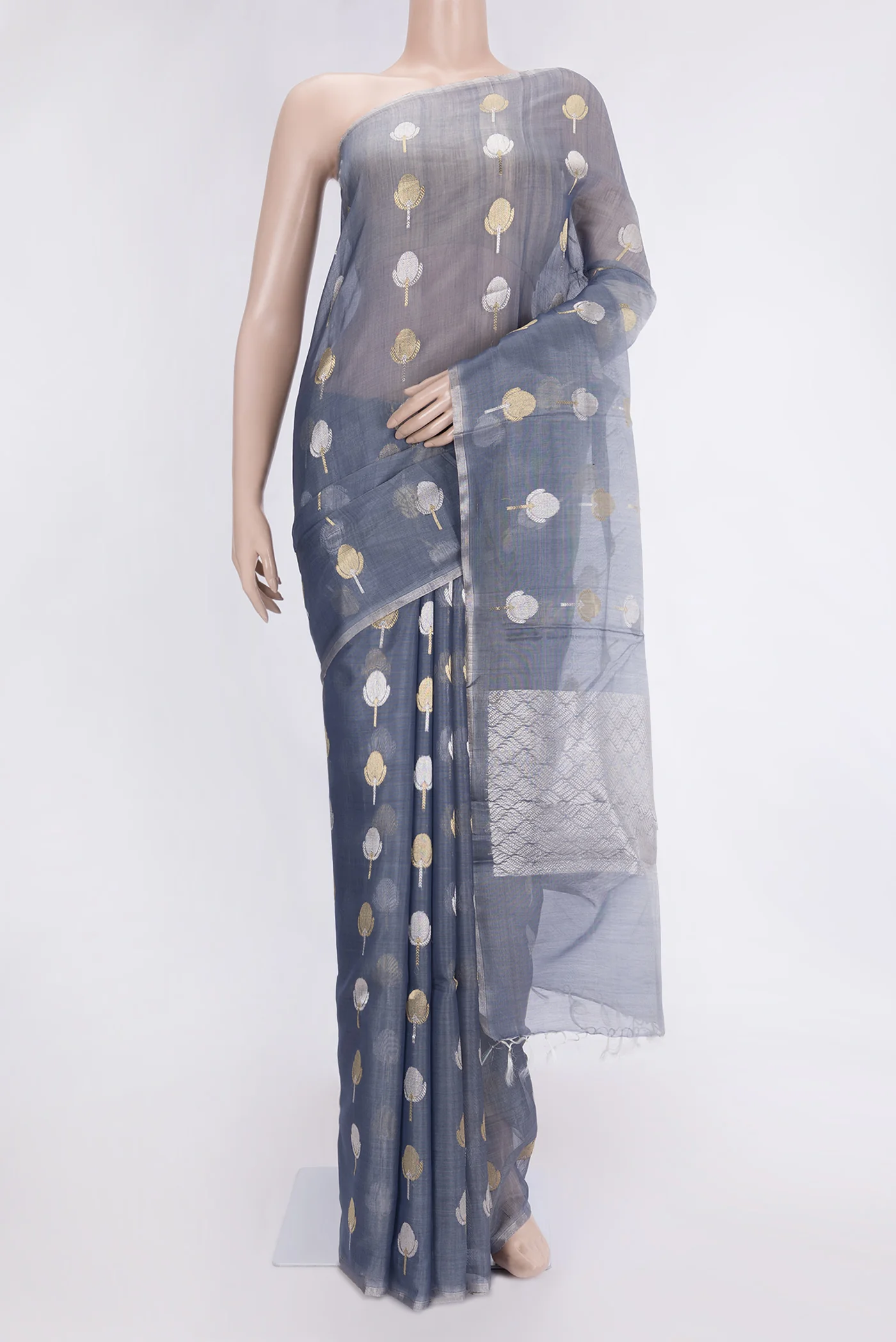 Blue Grey Dual Tone Chanderi Tissue Silk Saree