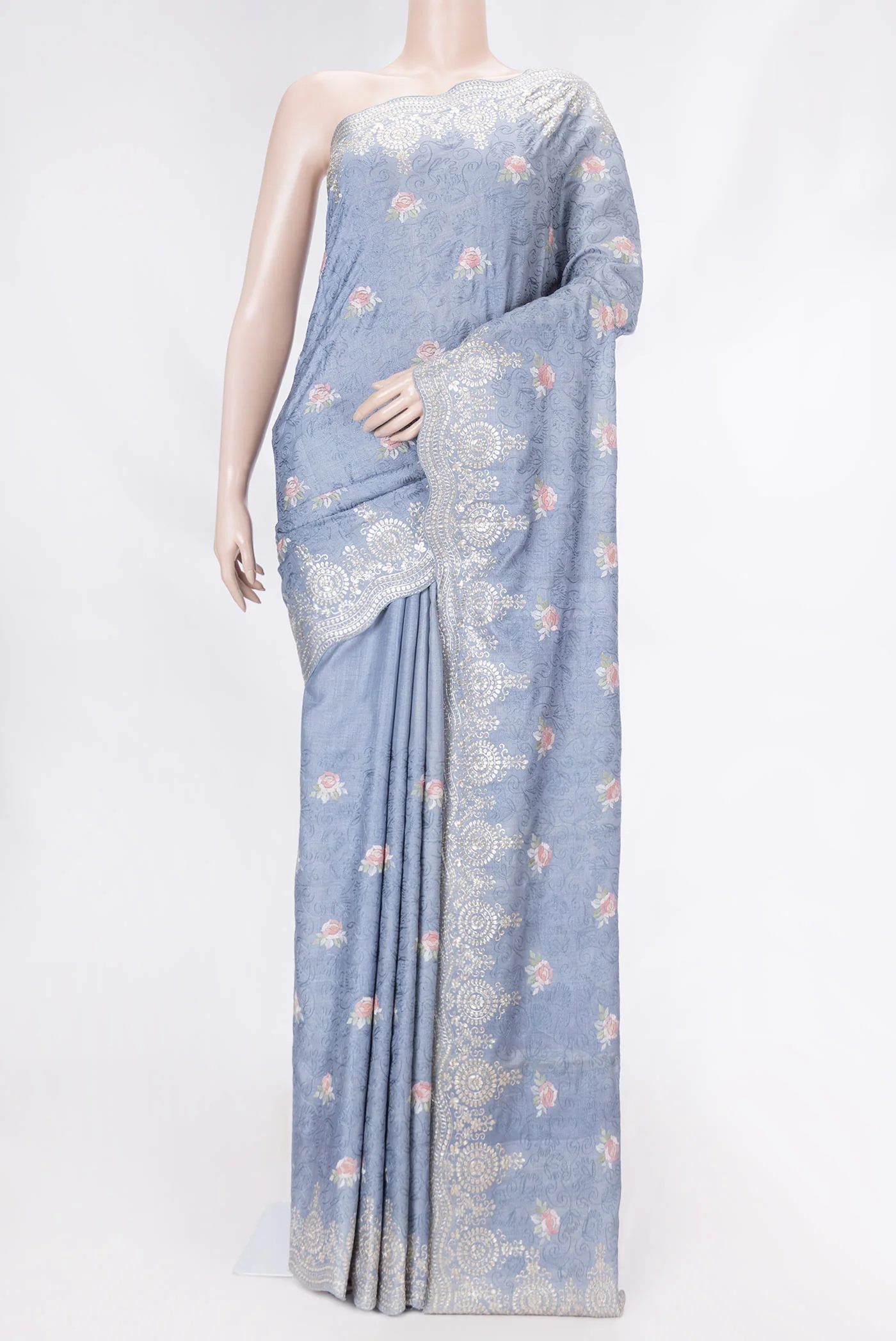 Blue Grey Tussar Silk Saree