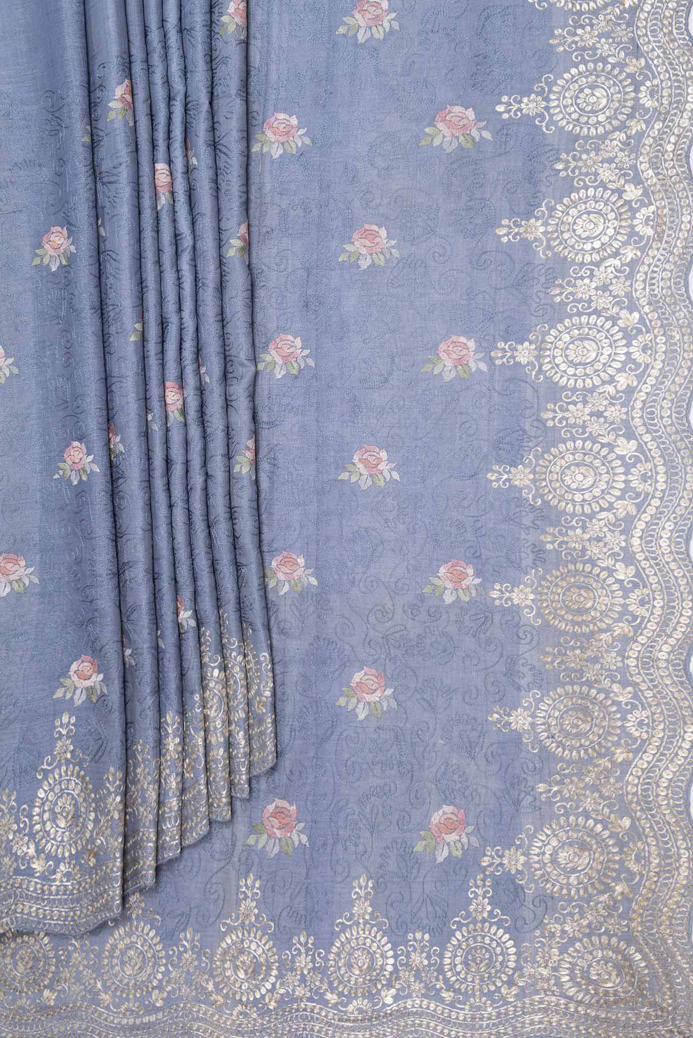 Blue Grey Tussar Silk Saree - Image 4