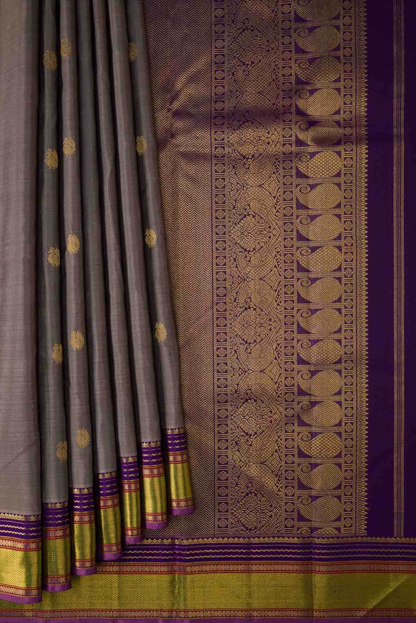 Pure Silk Pure Zari Grey Dual Tone Kanchipuram Saree - Image 2