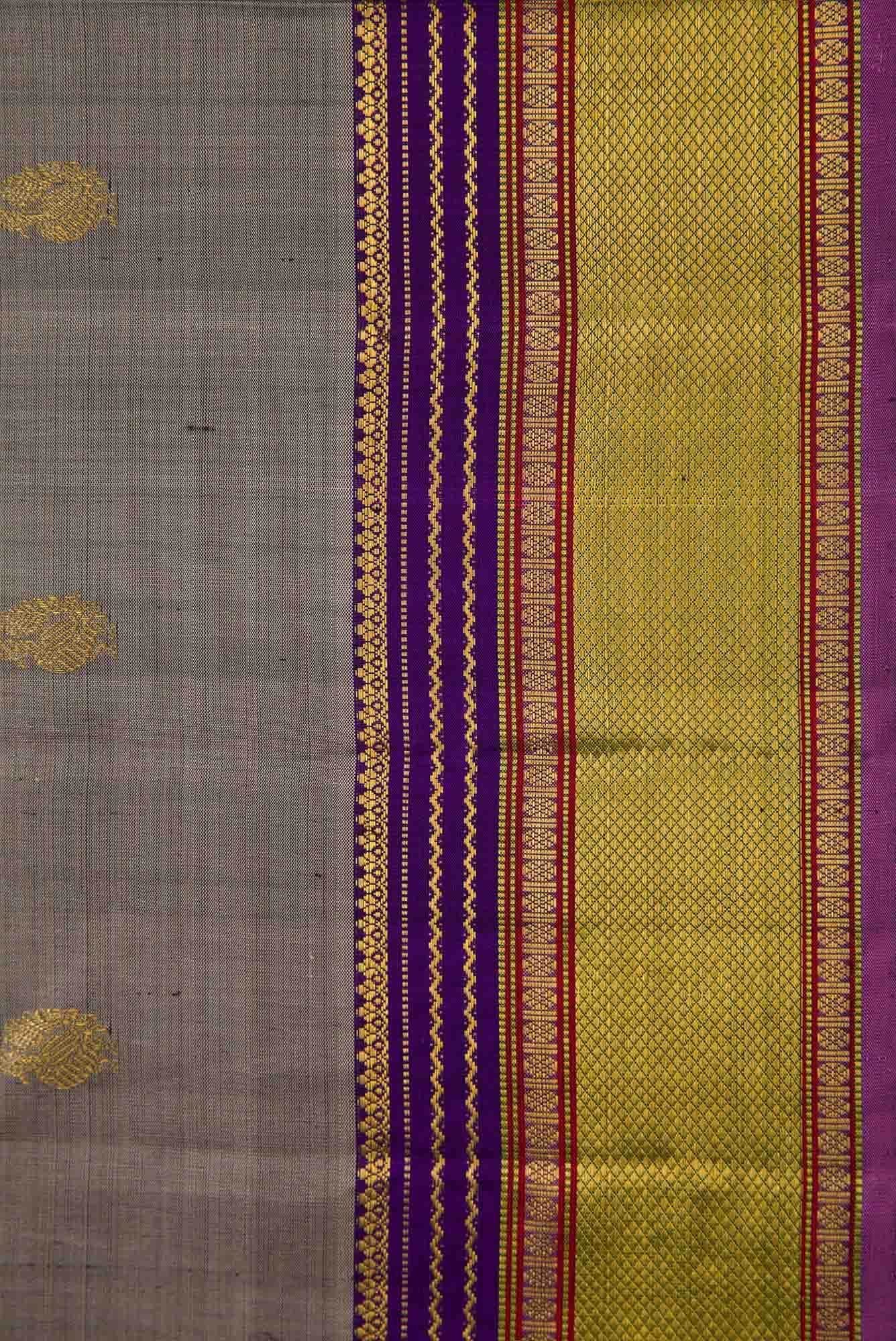 Pure Silk Pure Zari Grey Dual Tone Kanchipuram Saree - Image 5
