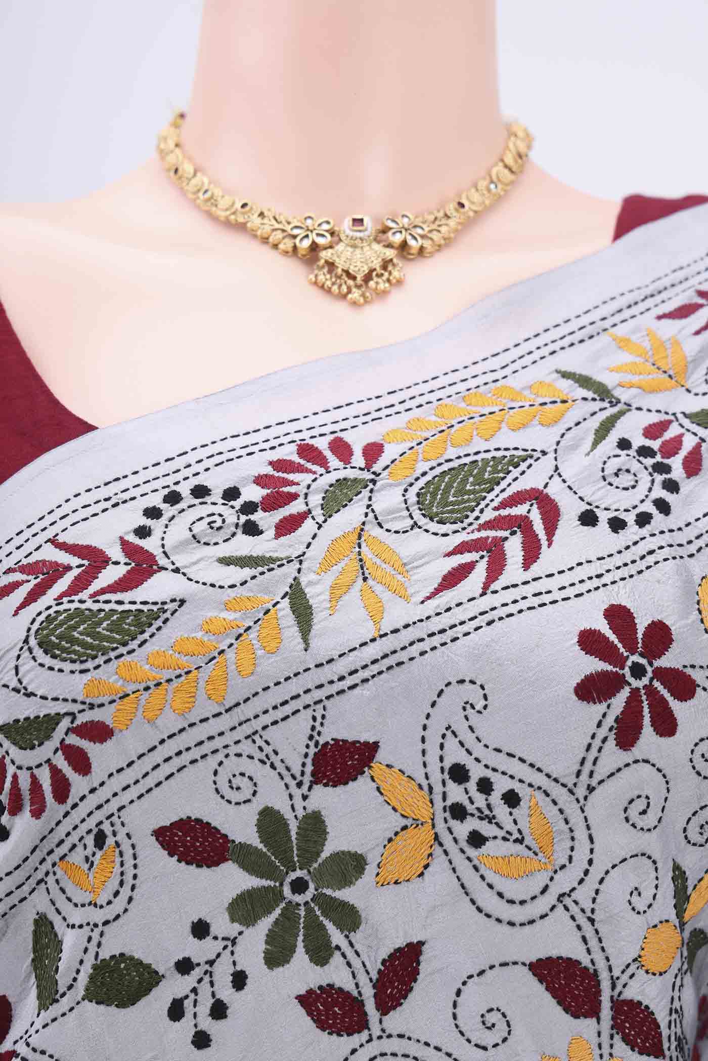 Grey Kantha Silk Saree - Image 2