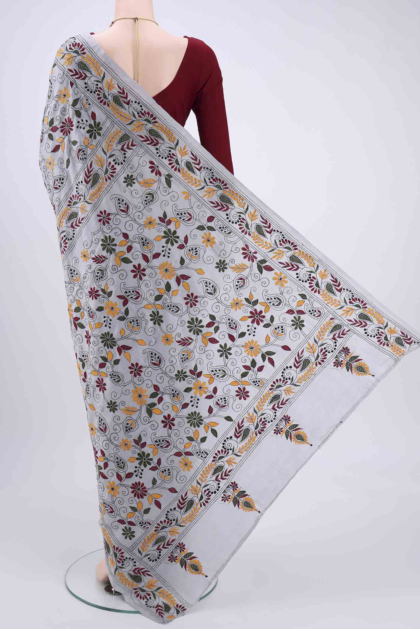 Grey Kantha Silk Saree - Image 3