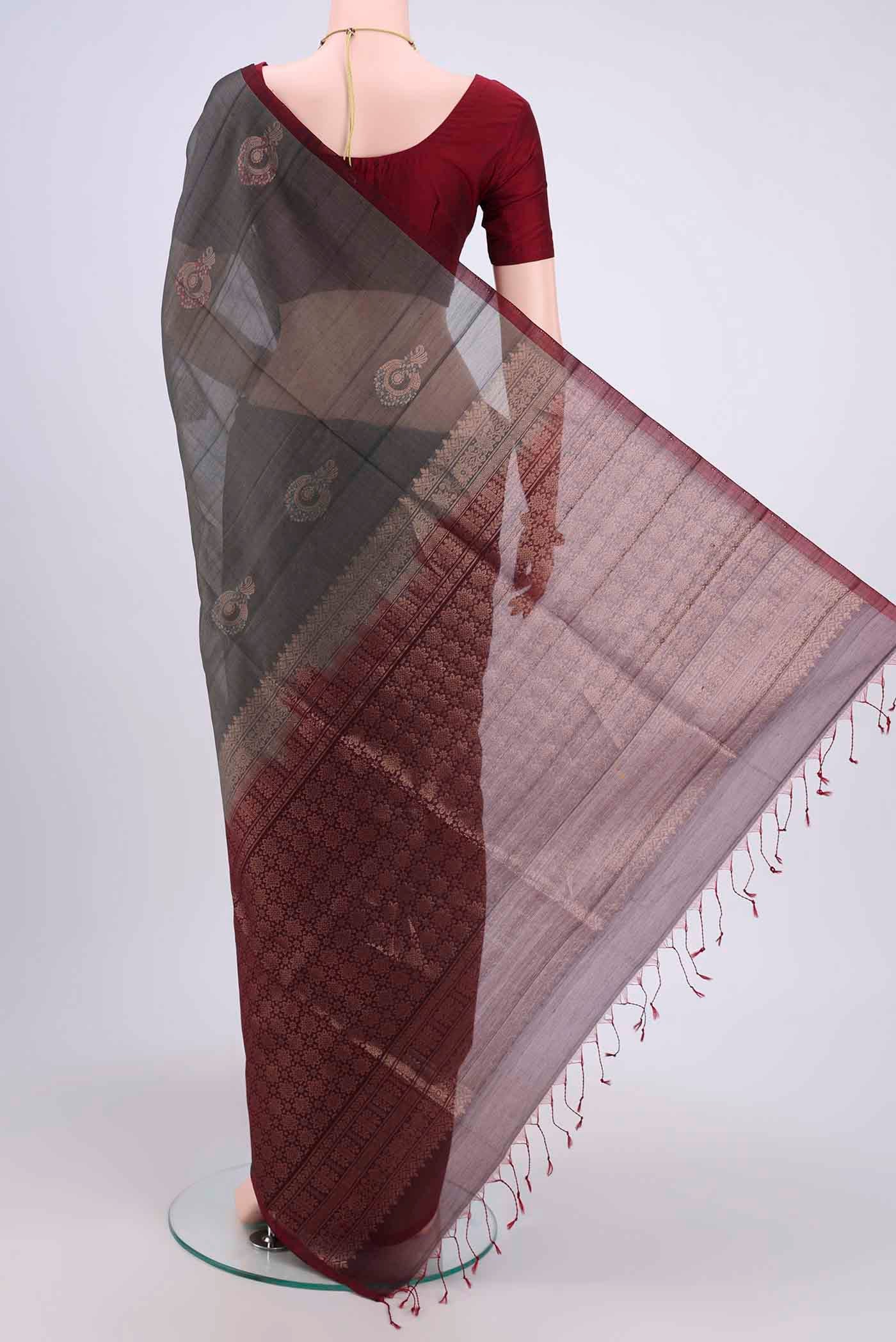 Grey Silk Cotton Saree - Image 3