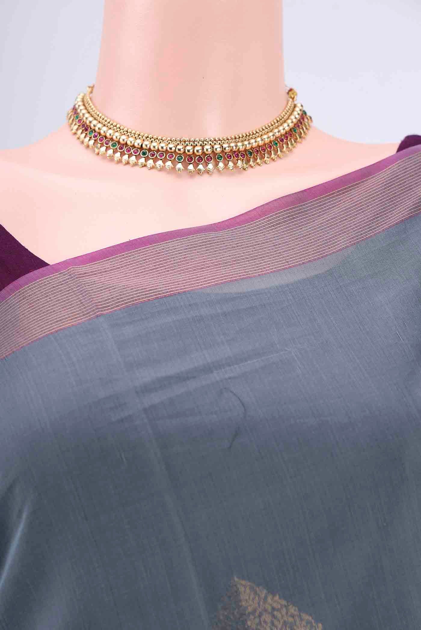 Grey Kora Cotton Saree - Image 2