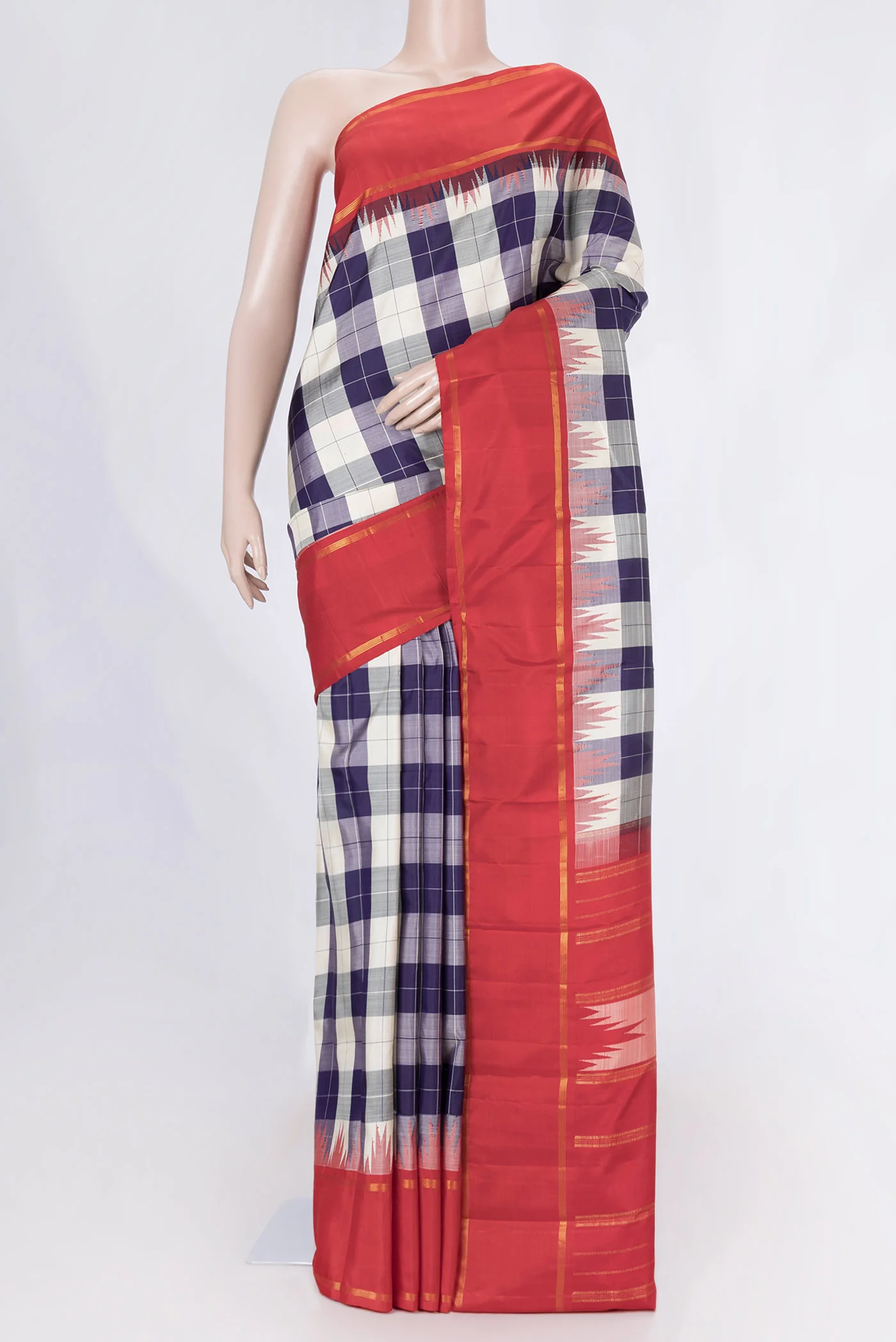 Grey,Off White and Navy Blue Color Kanchipuram Saree