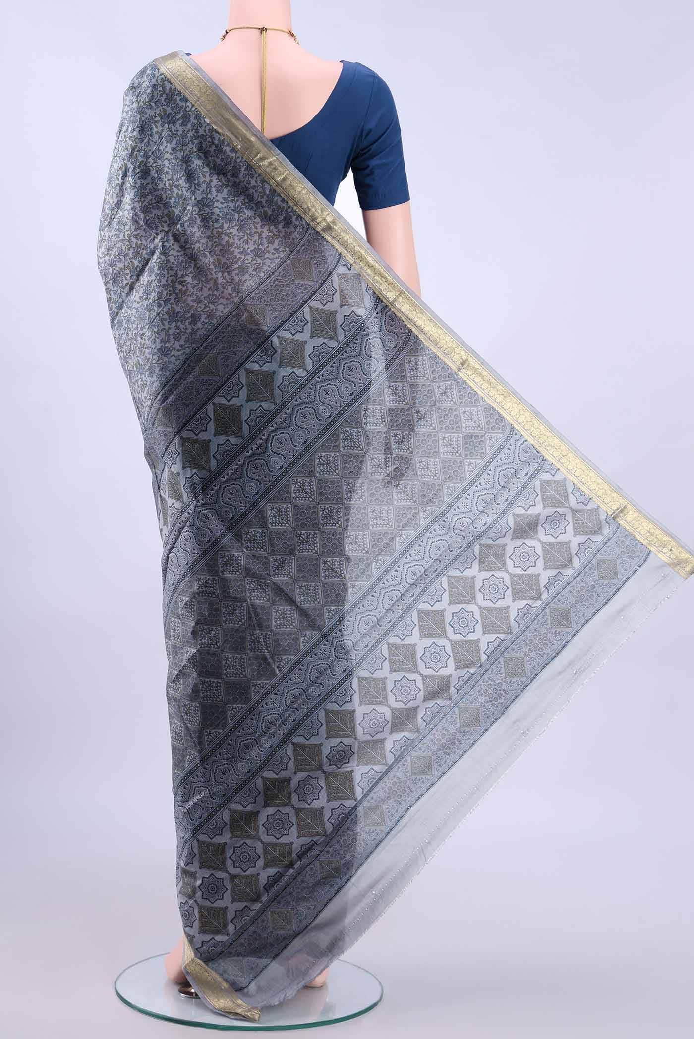 Grey Printed Silk Saree - Image 2