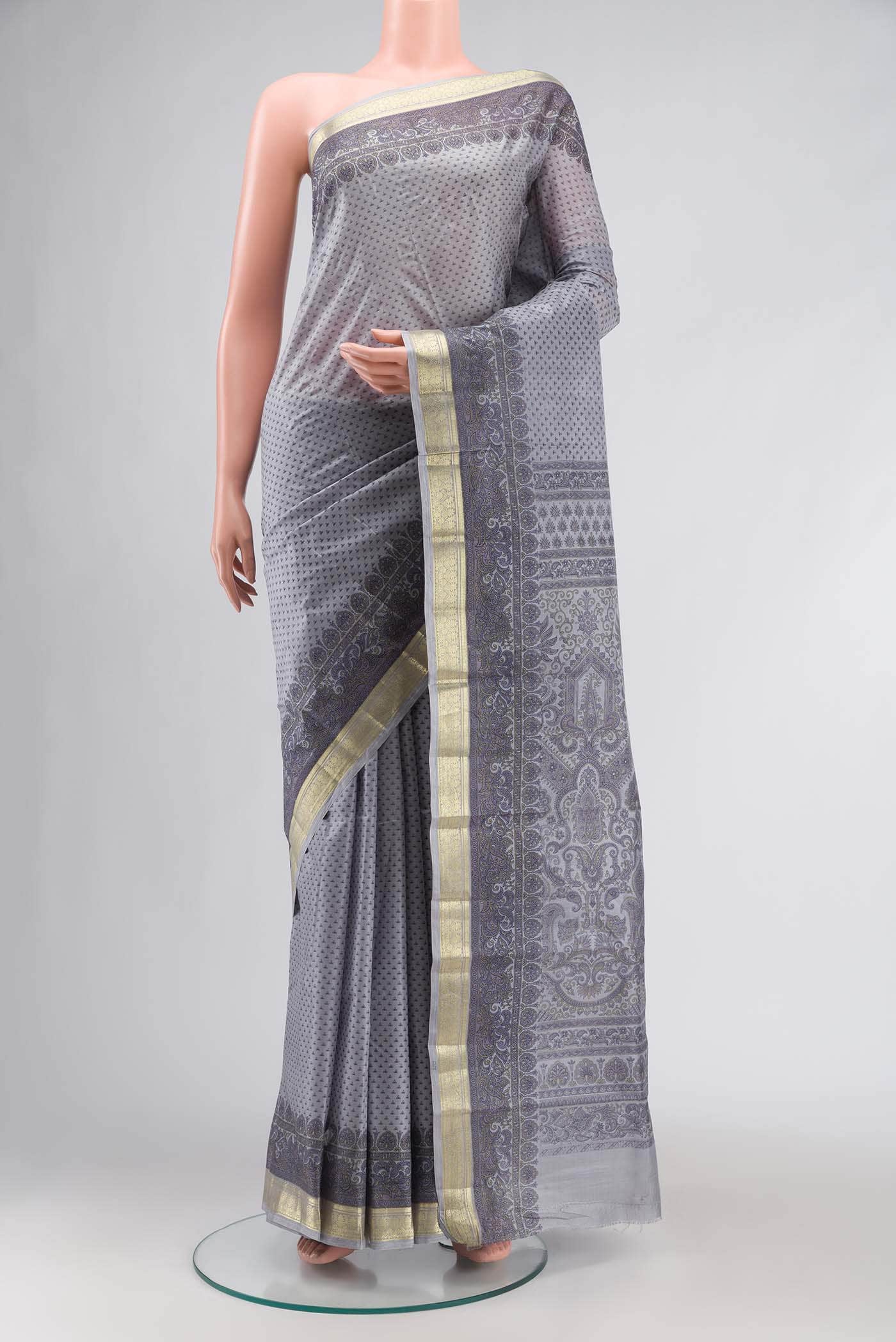 Grey Printed Silk Saree