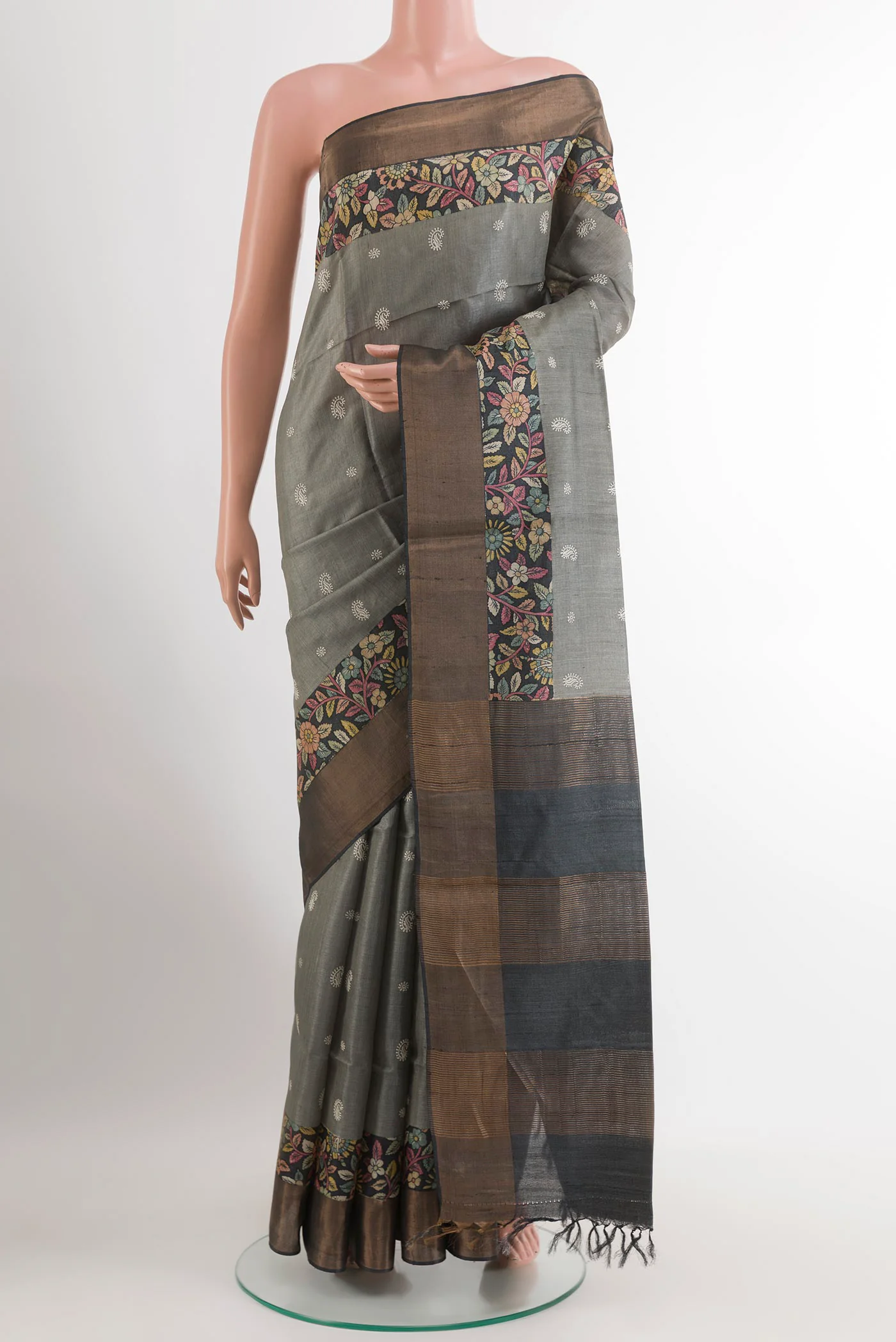 Grey Tussar Silk Saree