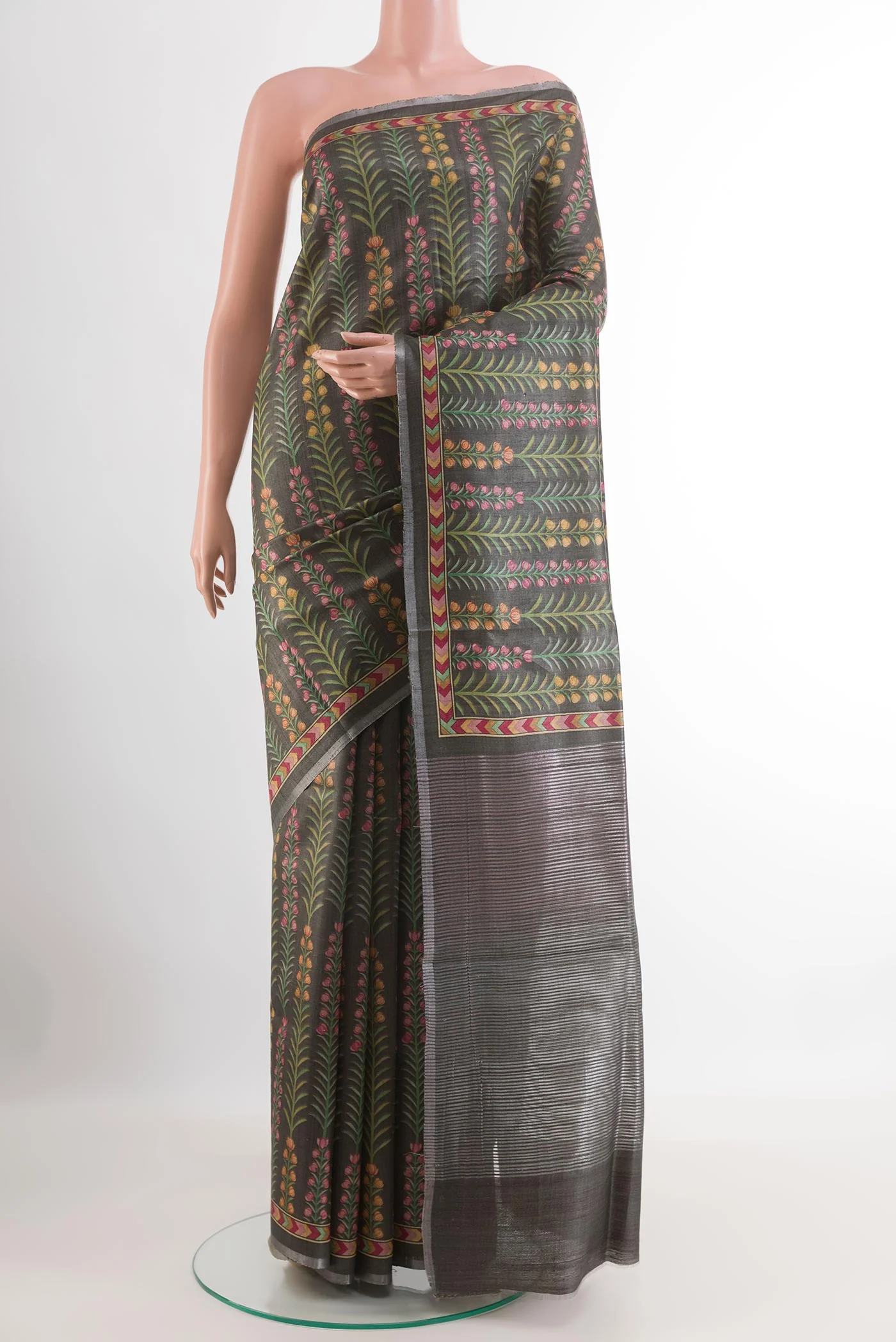Grey Tussar Silk Saree