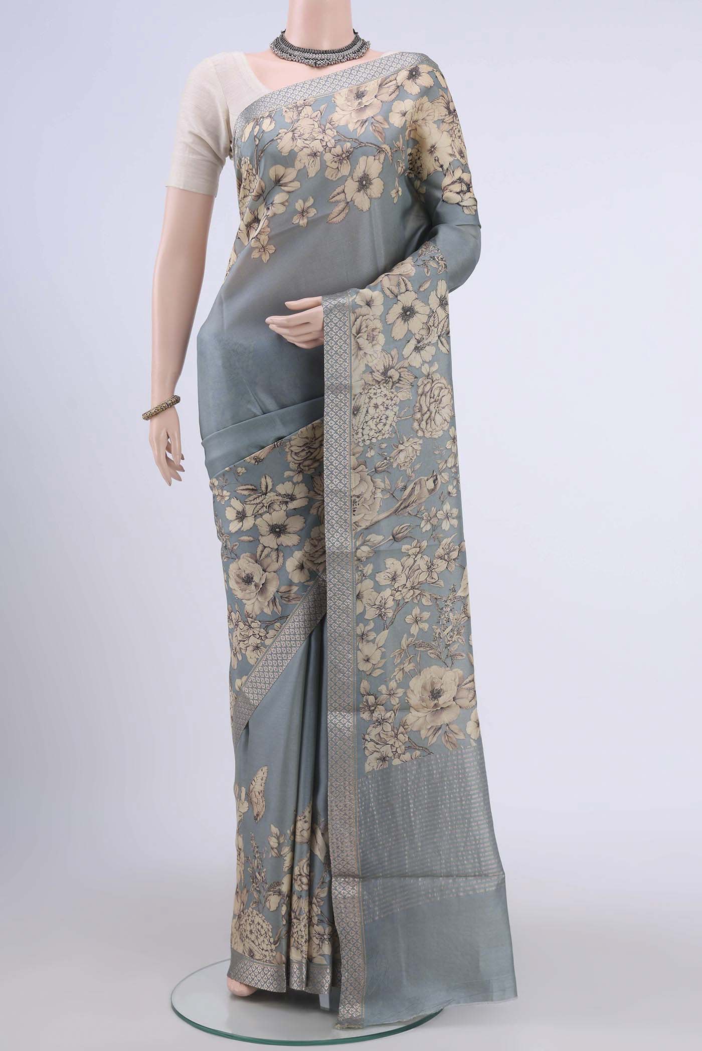 Grey Tussar Silk Saree