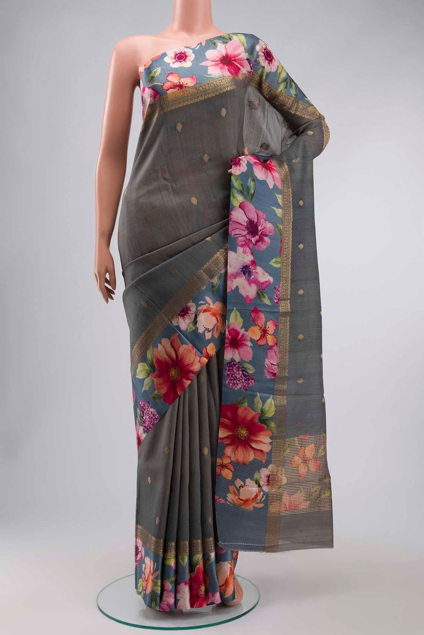 Grey Tussar Silk Saree