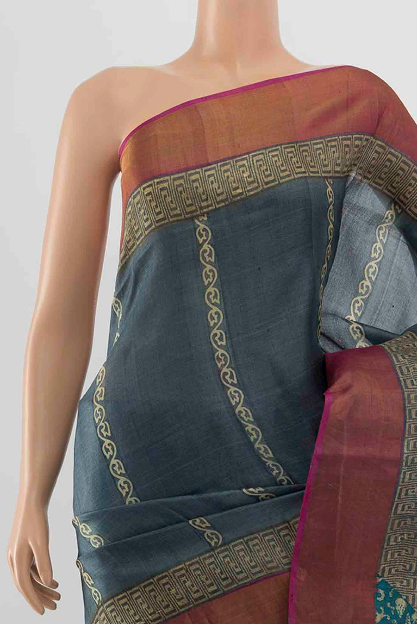 Grey Tussar Silk Saree - Image 2