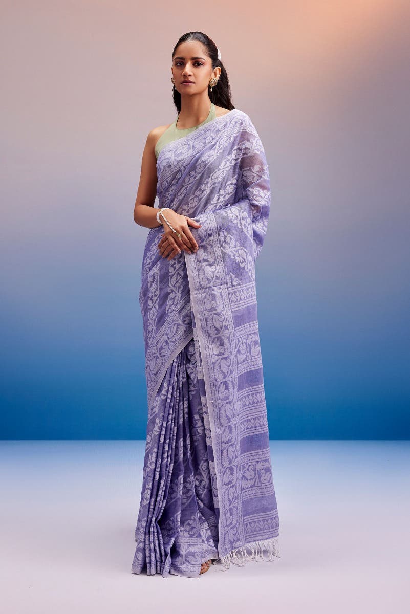 Hansika-Purple Bengal Cotton Saree - Image 7