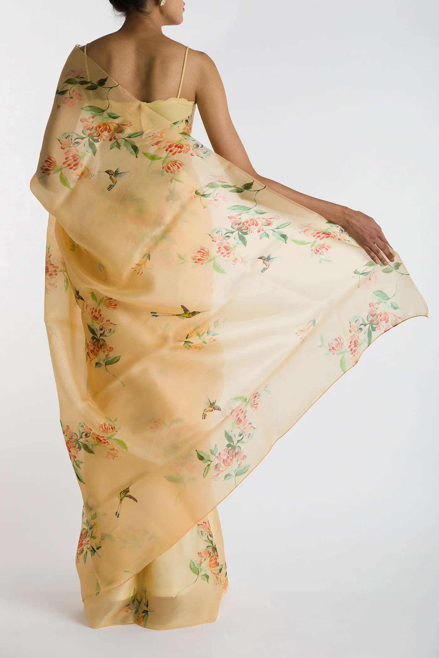 Humming Hovers-Yellow Satin Organza Saree - Image 3
