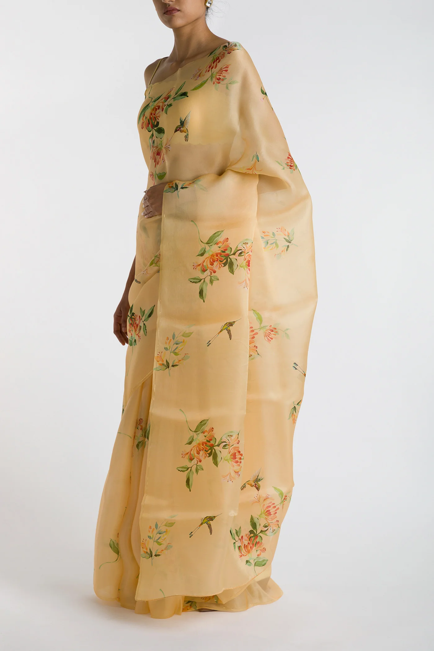 Humming Hovers-Yellow Satin Organza Saree - Image 4