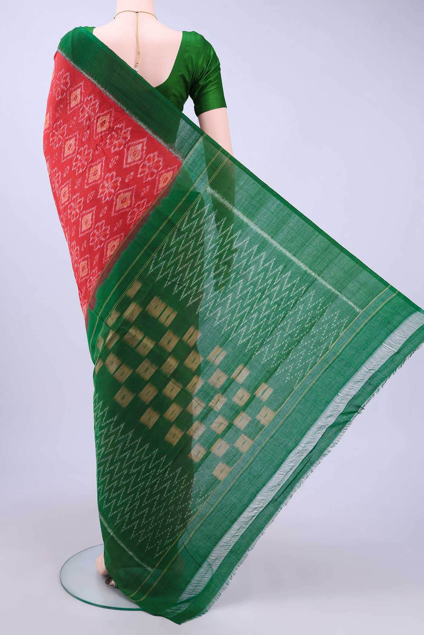 Imperial Red Pochampally Cotton Saree - Image 2