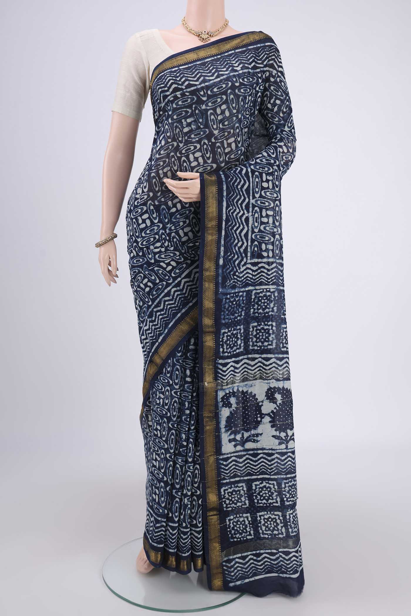 Navy Blue Maheshwari Silk Cotton Saree