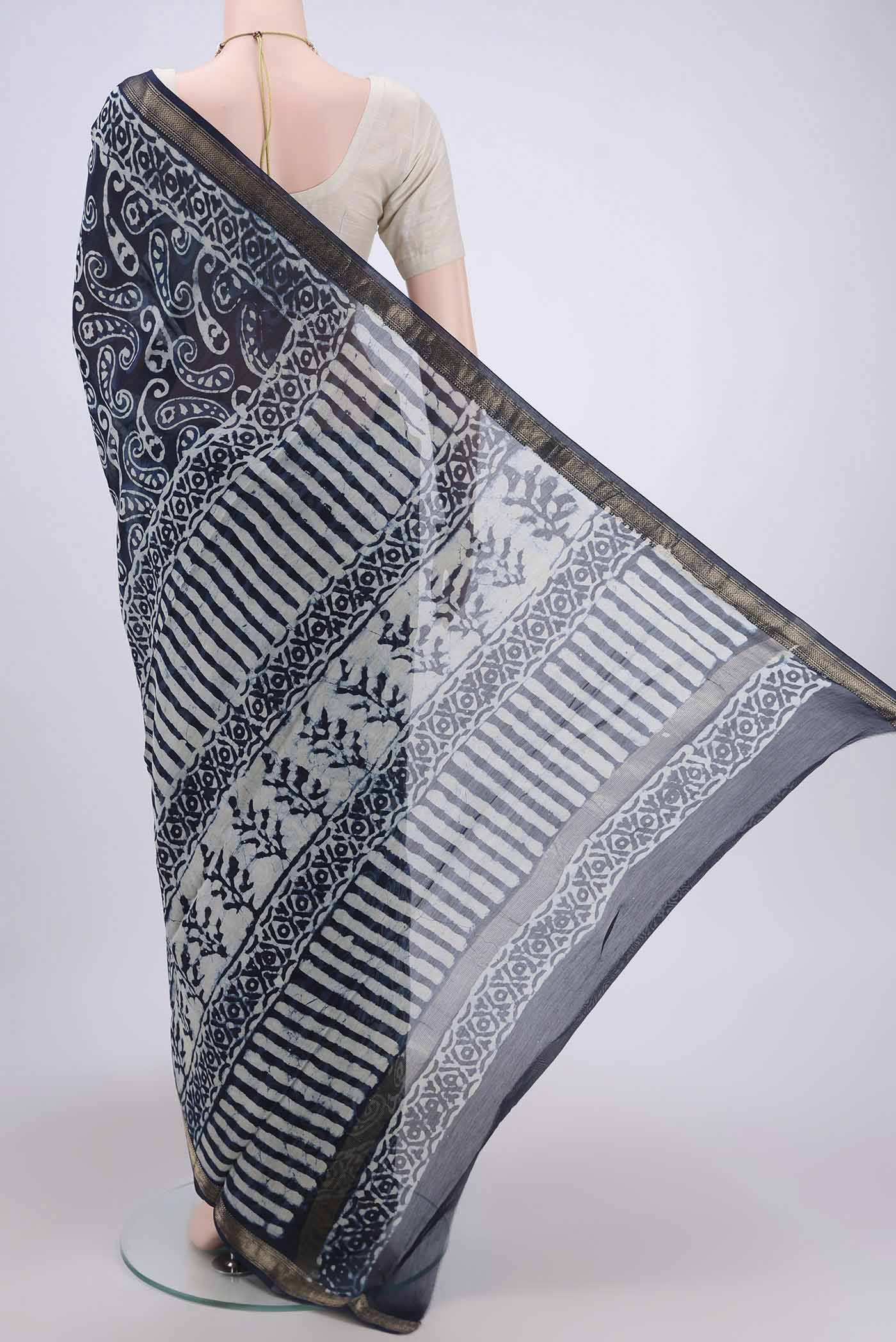 Indigo Maheshwari Silk Cotton Saree - Image 3