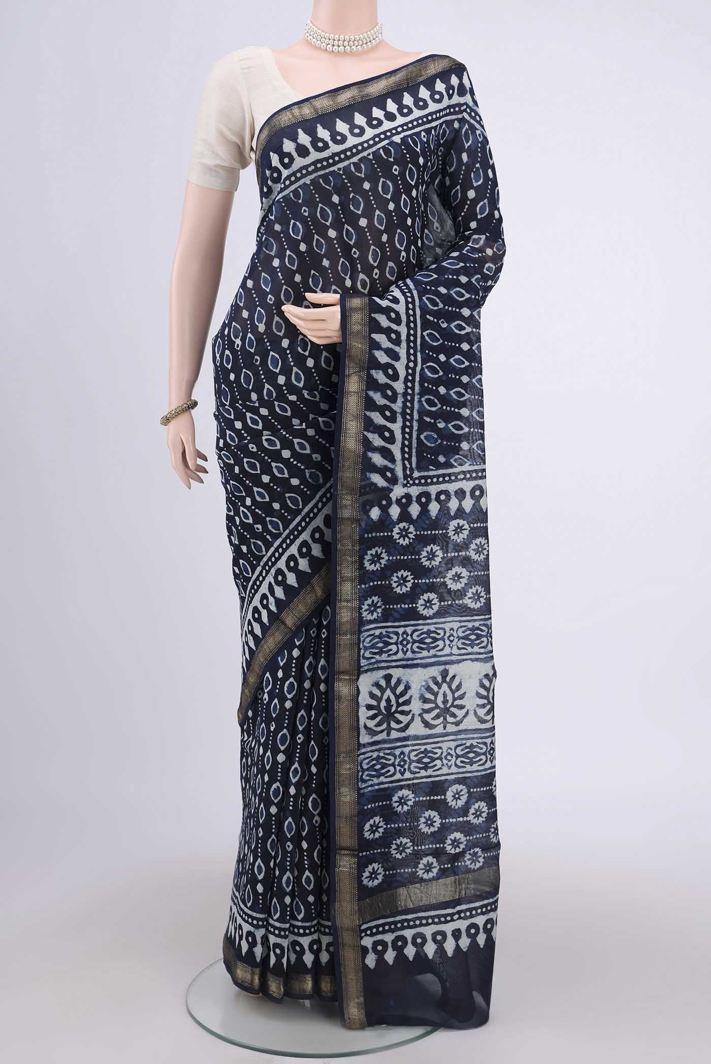 Navy Blue Maheshwari Silk Cotton Saree
