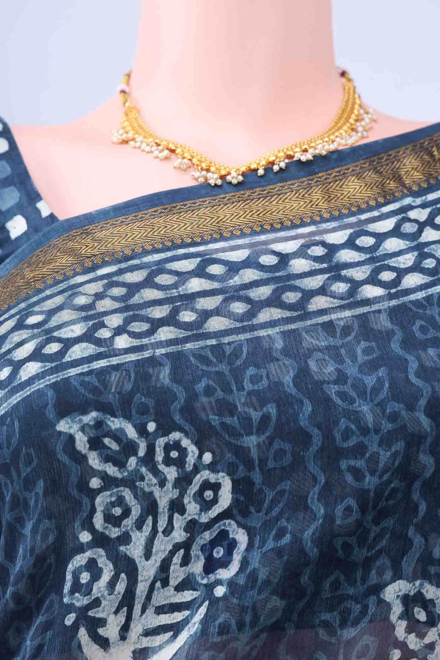 Indigo Maheshwari Silk Cotton Saree - Image 3