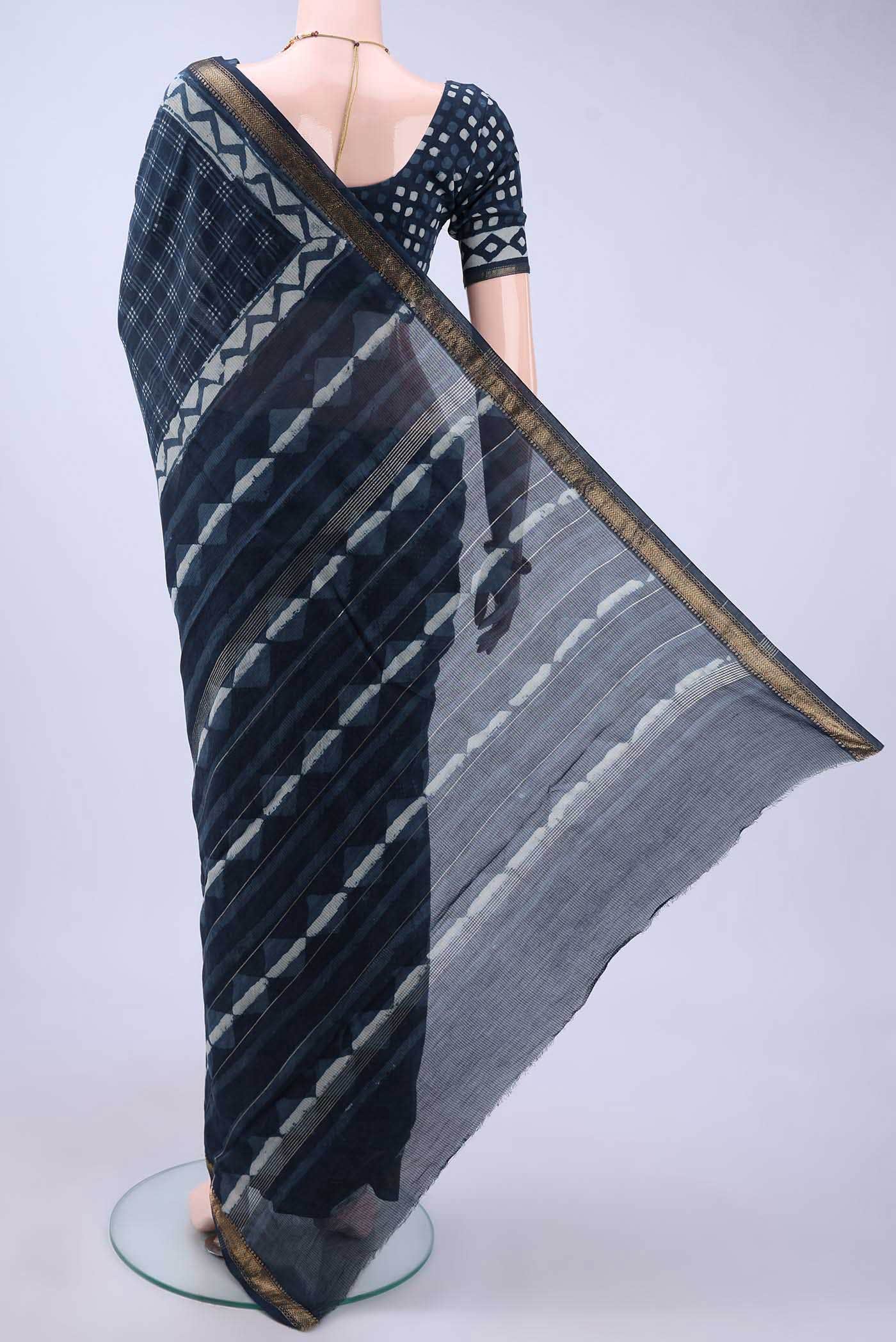 Indigo Maheshwari Silk Cotton Saree - Image 2