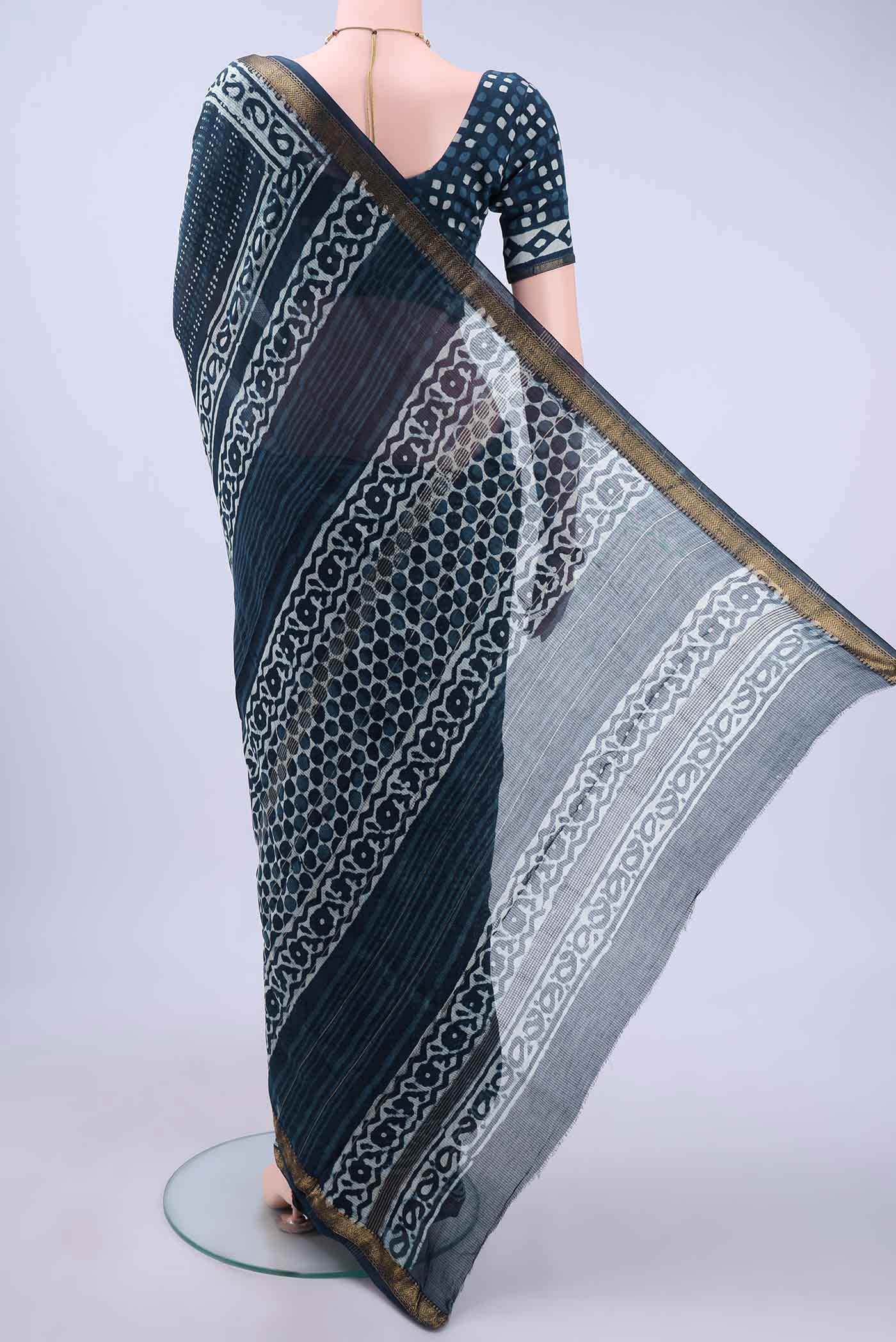 Indigo Maheshwari Silk Cotton Saree - Image 2