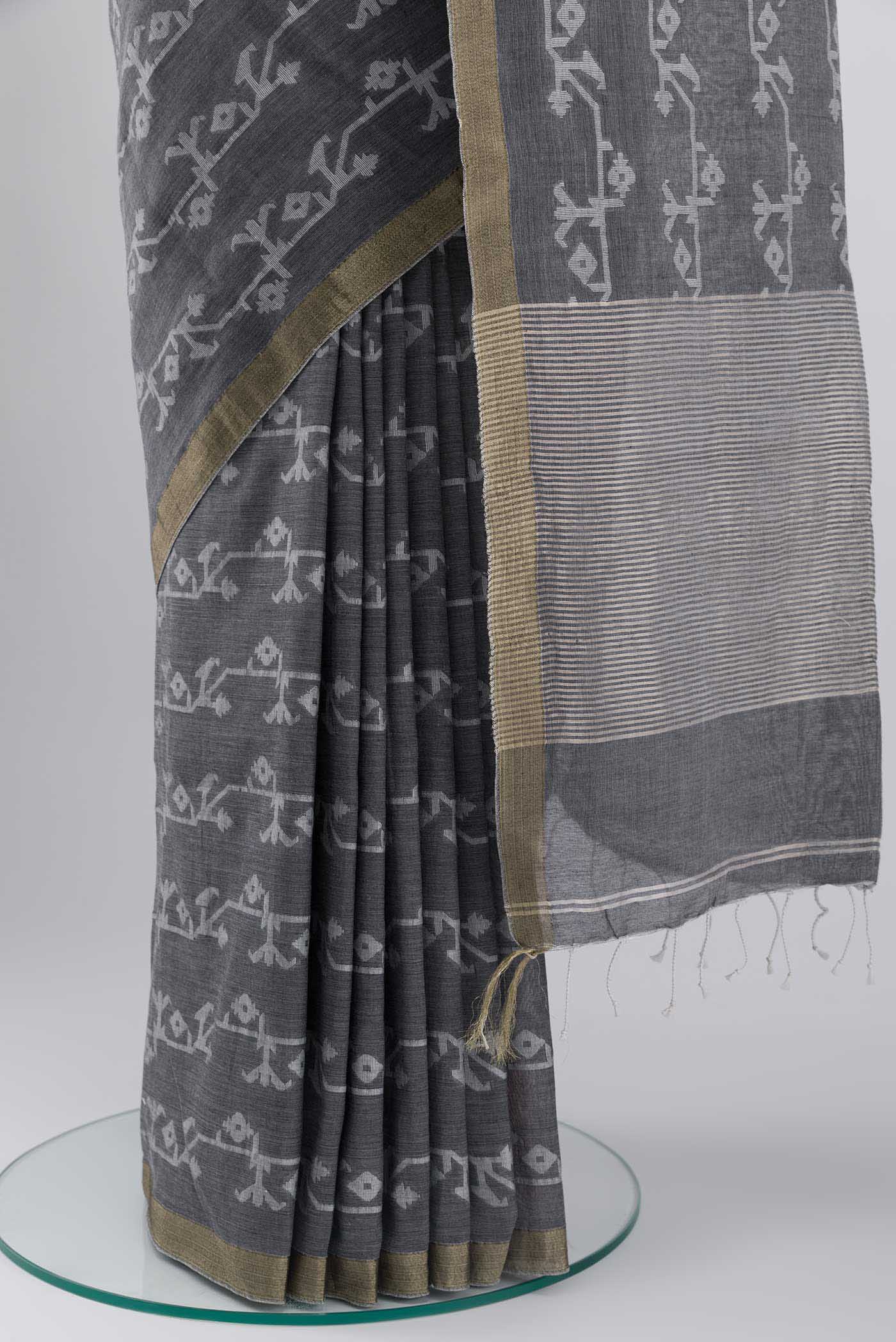 Kadambini-Dark Grey Bengal Cotton Saree - Image 6