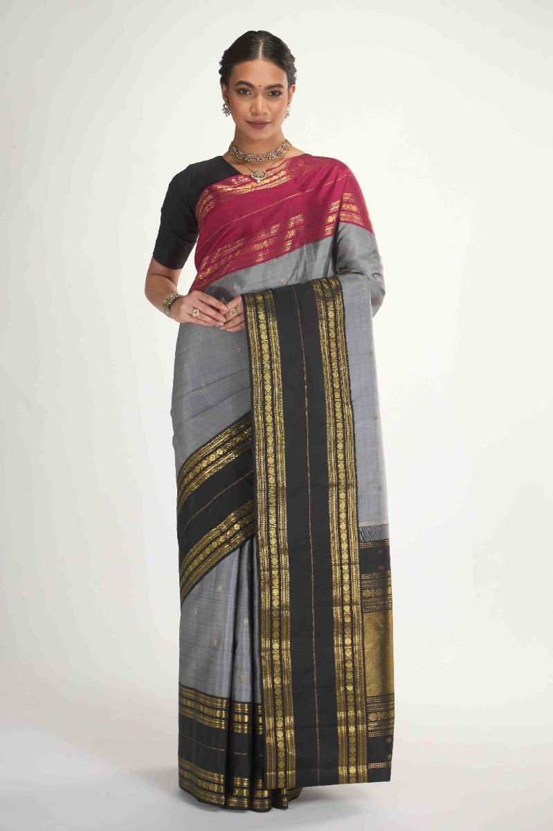 Kamala-Pure Silk Pure Gold Zari Grey Kanchipuram Saree - Image 10