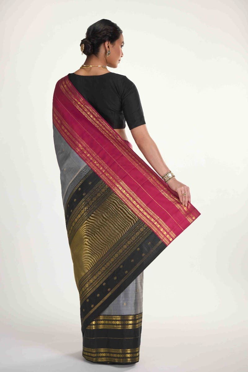 Kamala-Pure Silk Pure Gold Zari Grey Kanchipuram Saree - Image 11