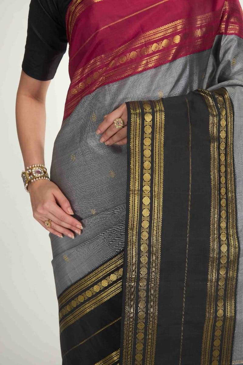 Kamala-Pure Silk Pure Gold Zari Grey Kanchipuram Saree - Image 12