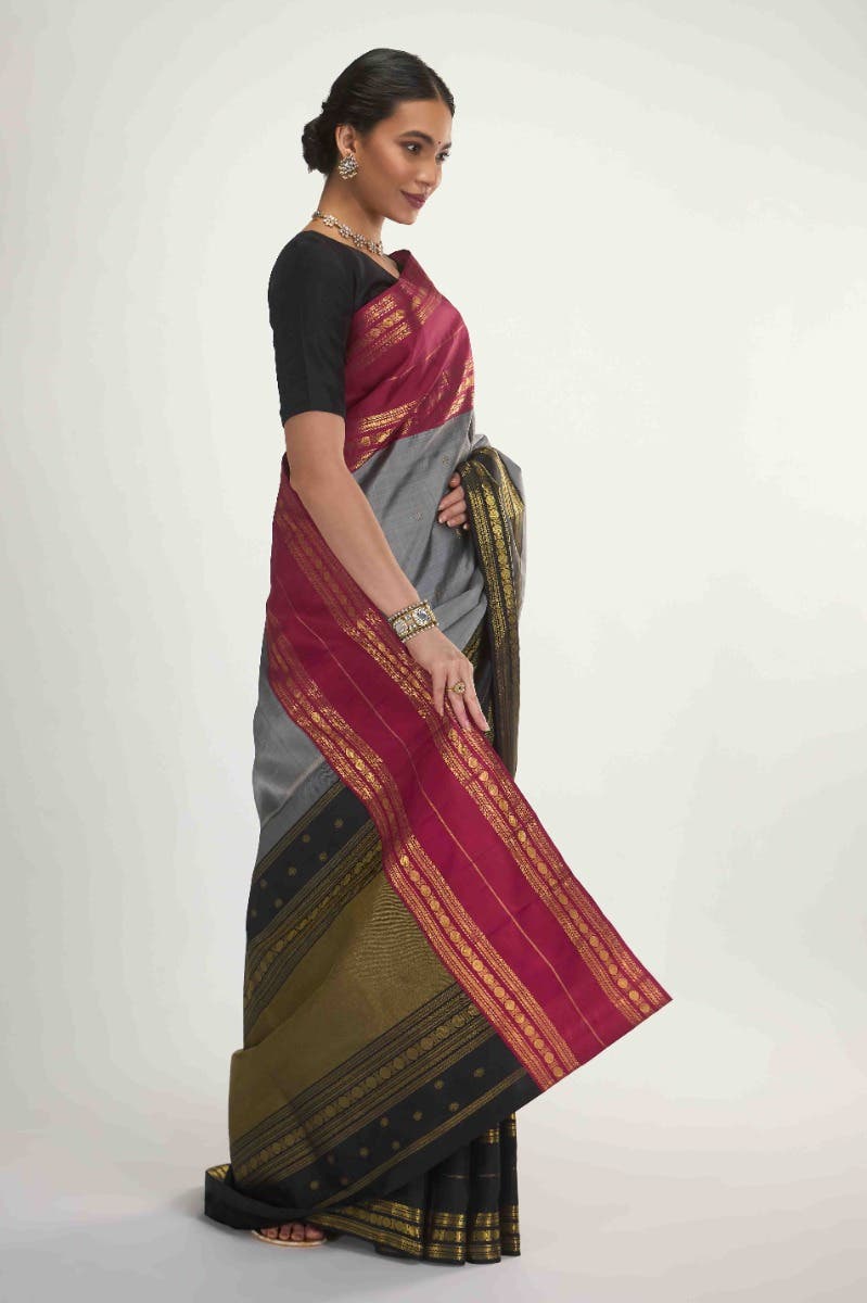 Kamala-Pure Silk Pure Gold Zari Grey Kanchipuram Saree - Image 13