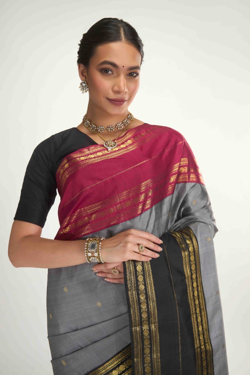 Kamala-Pure Silk Pure Gold Zari Grey Kanchipuram Saree - Image 15