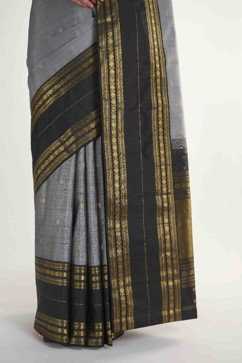 Kamala-Pure Silk Pure Gold Zari Grey Kanchipuram Saree - Image 16