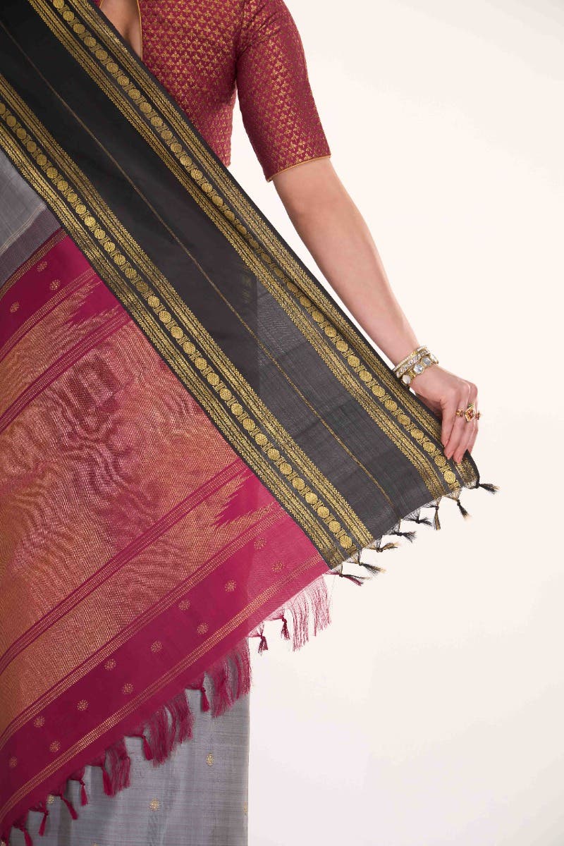 Kamala-Pure Silk Pure Gold Zari Grey Kanchipuram Saree - Image 6