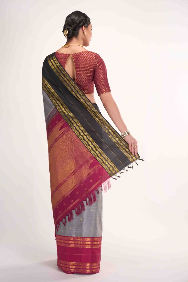 Kamala-Pure Silk Pure Gold Zari Grey Kanchipuram Saree - Image 8
