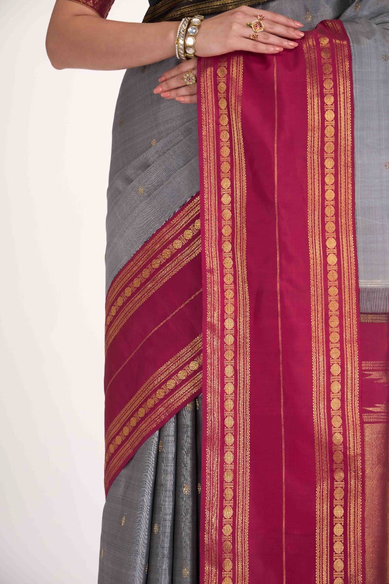Kamala-Pure Silk Pure Gold Zari Grey Kanchipuram Saree - Image 9