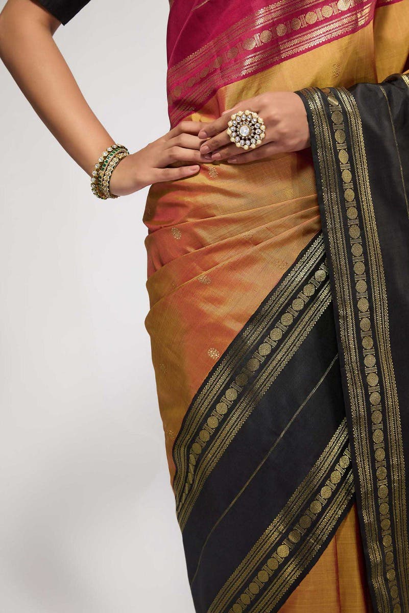 Kamala-Pure Silk Pure Gold Zari Mustard with Red Dual Tone Kanchipuram Saree - Image 5