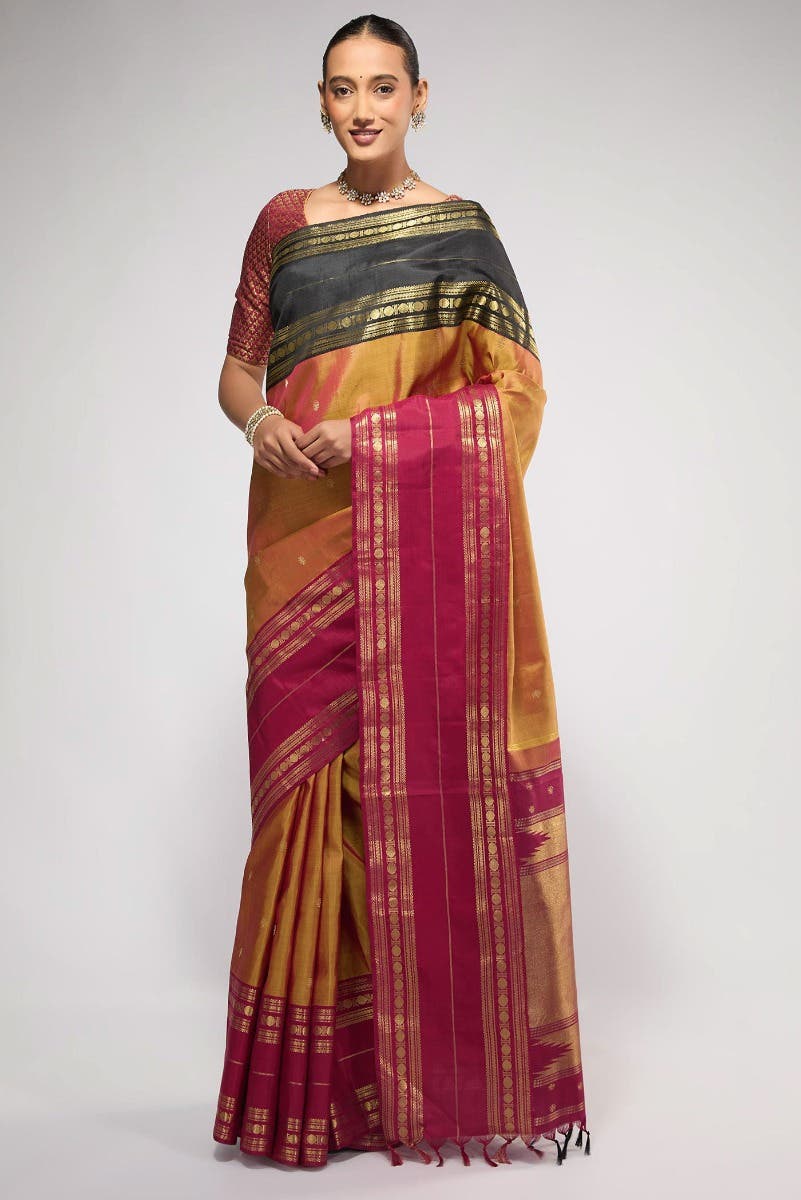 Kamala-Pure Silk Pure Gold Zari Mustard with Red Dual Tone Kanchipuram Saree - Image 9