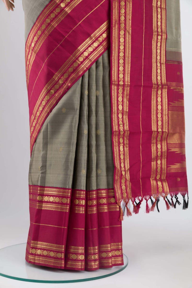 Kamala-Pure Silk Pure Gold Zari Narmadi Grey Kanchipuram Saree - Image 11