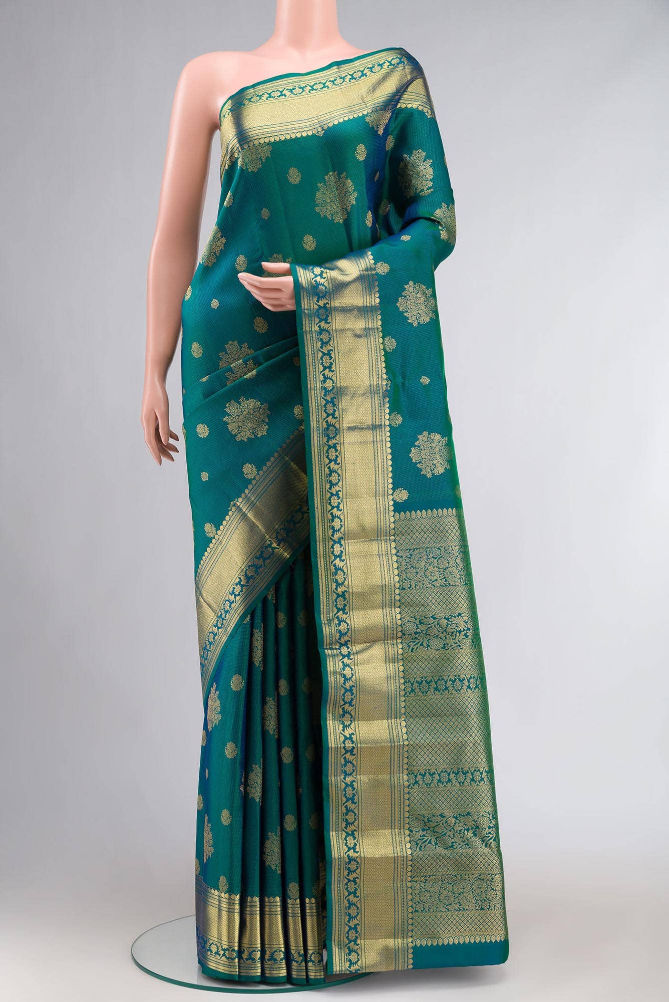 Kavini-Blue with Green Dual Tone Kanchipuram Silk Saree - Image 2