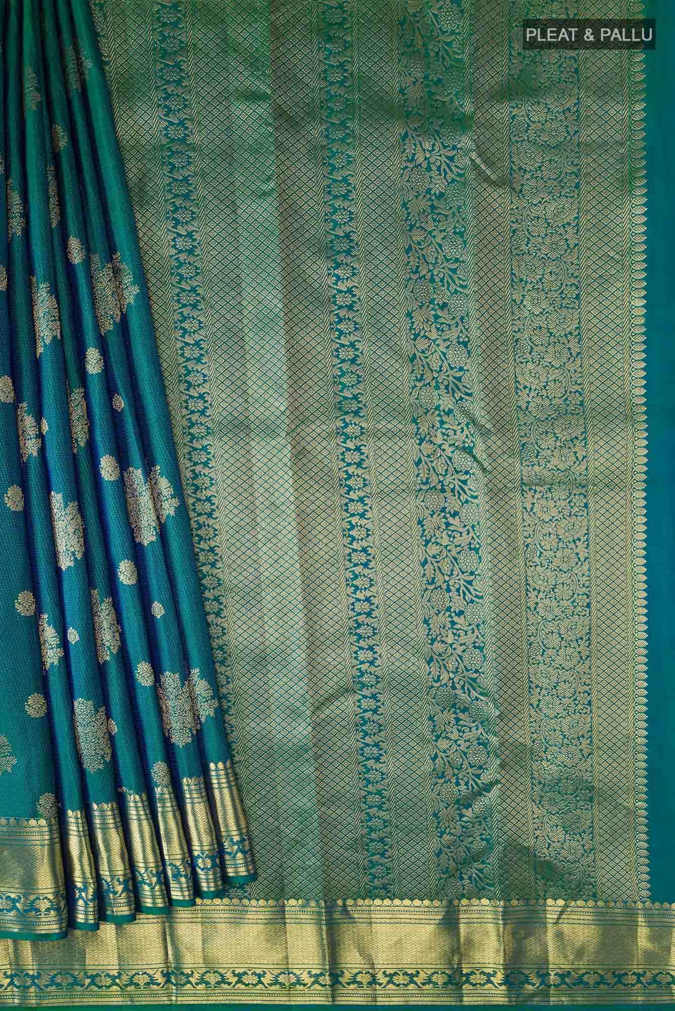 Kavini-Blue with Green Dual Tone Kanchipuram Silk Saree - Image 7