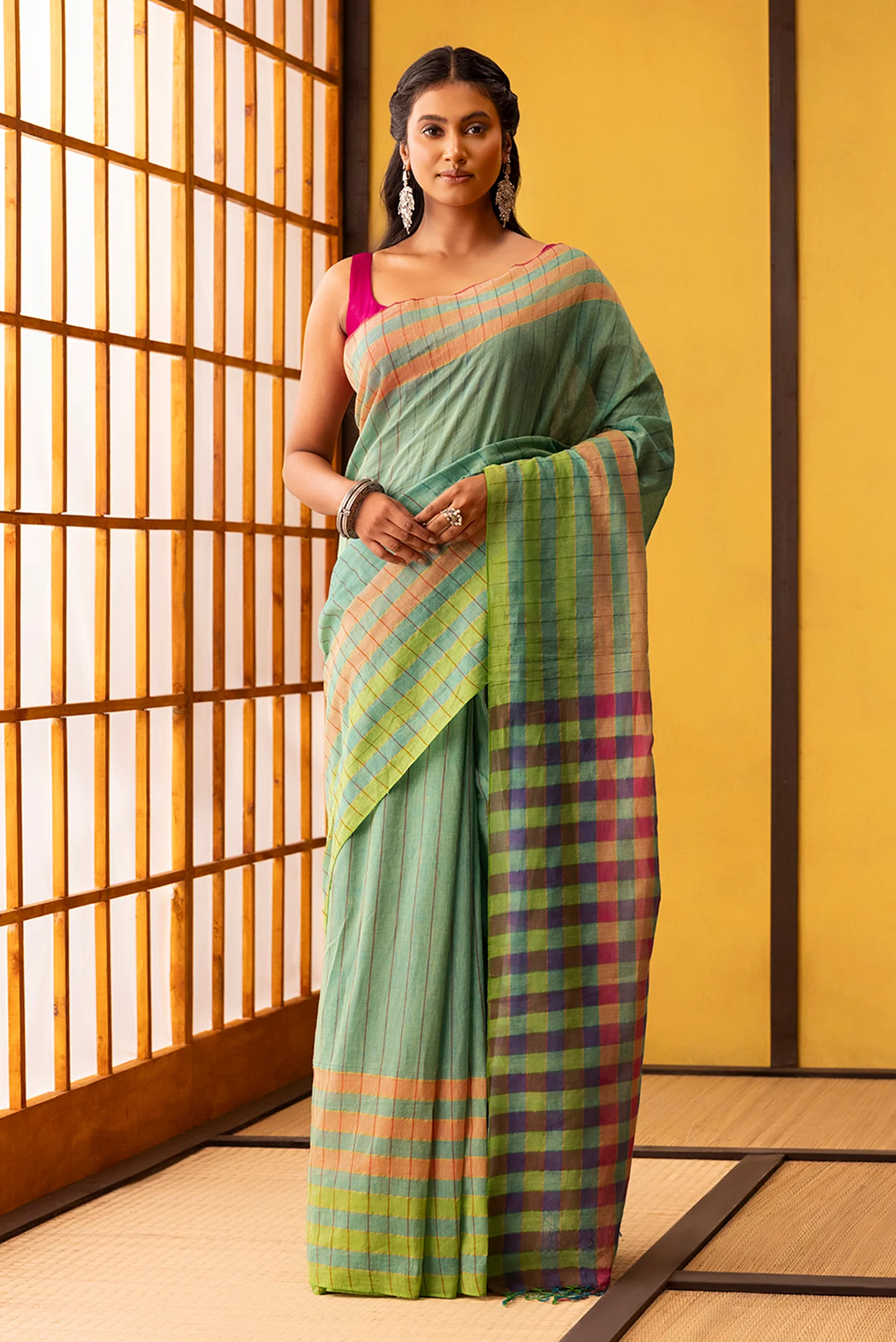 Kuhu-Mint Green Cotton Saree - Image 2
