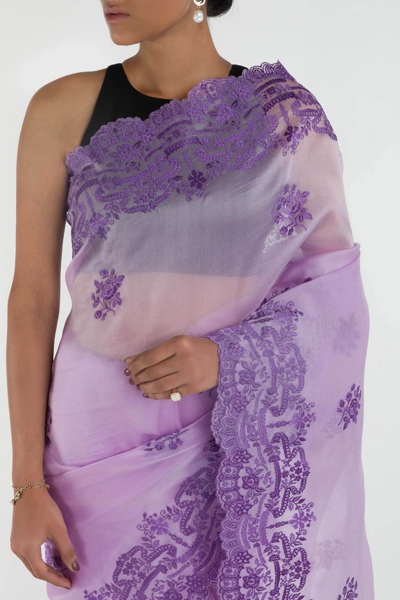 Romance of the Roses Lavender floral design saree from Embroidered Romance Collection by Nalli - Image 2