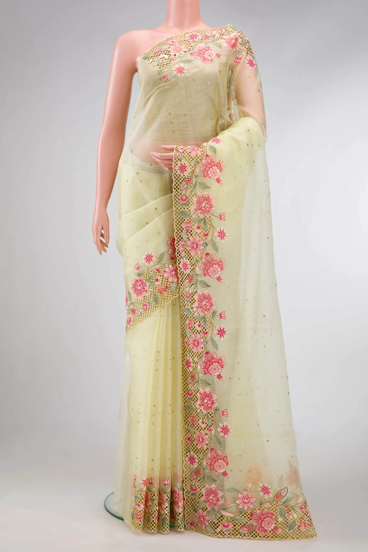 Lemon Yellow Organza Silk Saree - Image 2