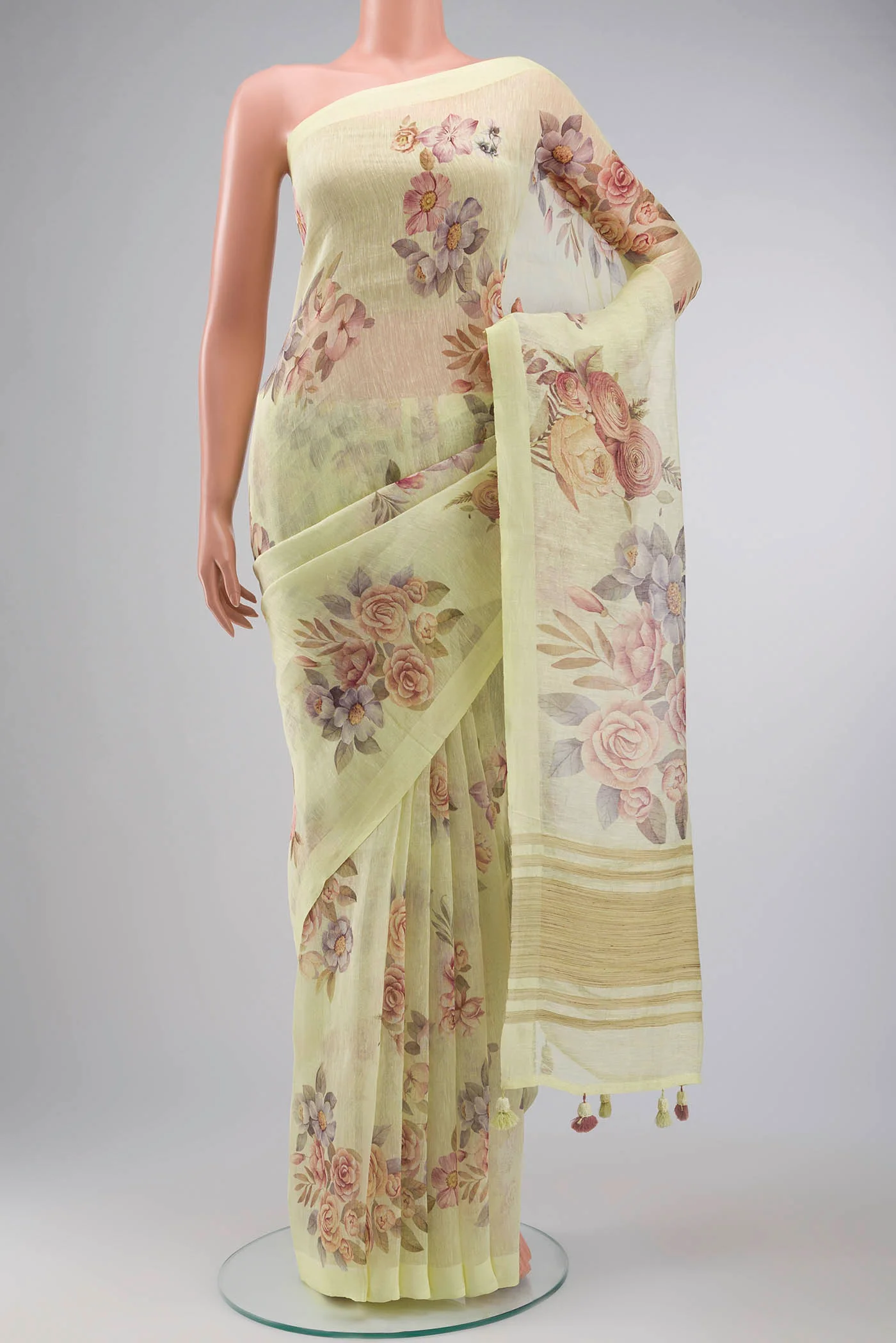 Lemon Yellow Linen Saree